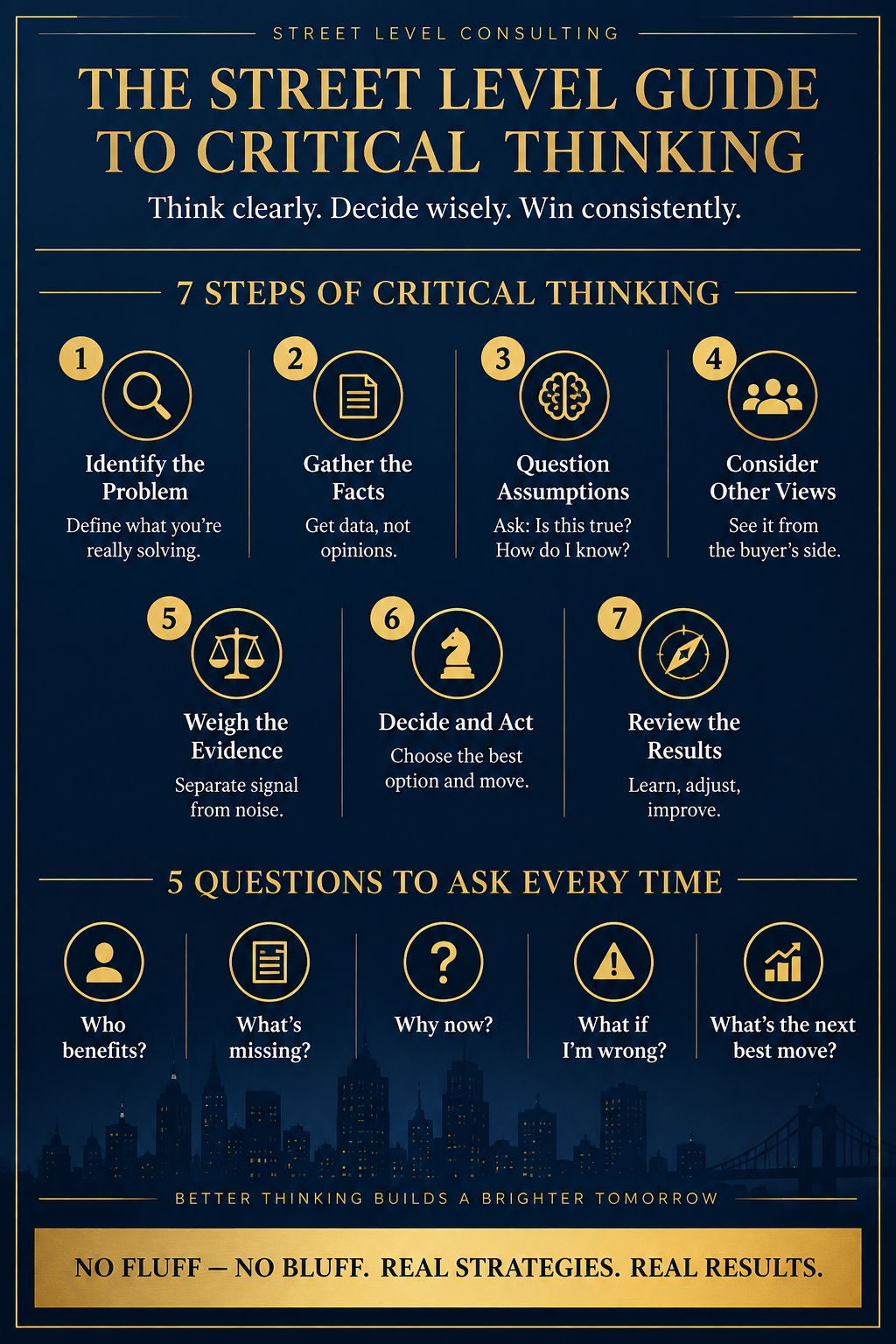 Street Level Consulting navy and gold infographic titled The Street Level Guide to Critical Thinking, showing seven steps: identify the problem, gather the facts, question assumptions, consider other views, weigh the evidence, decide and act, review the results, and five questions: who benefits, what's missing, why now, what if I'm wrong, what's the next best move.