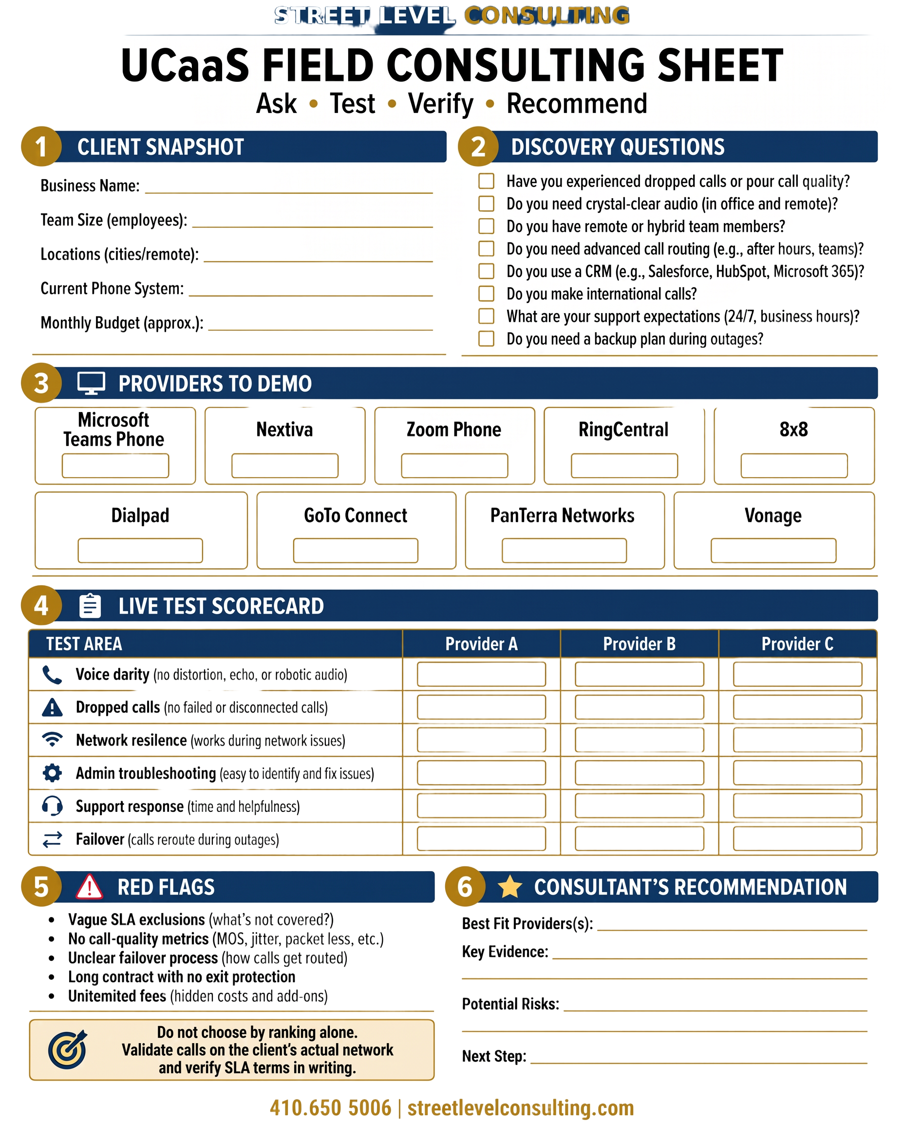 Street Level Consulting UCaaS Field Consulting Sheet with client snapshot fields, eight discovery questions, nine providers to demo, a six-area live test scorecard for three providers, red flags and consultant recommendation fields.
