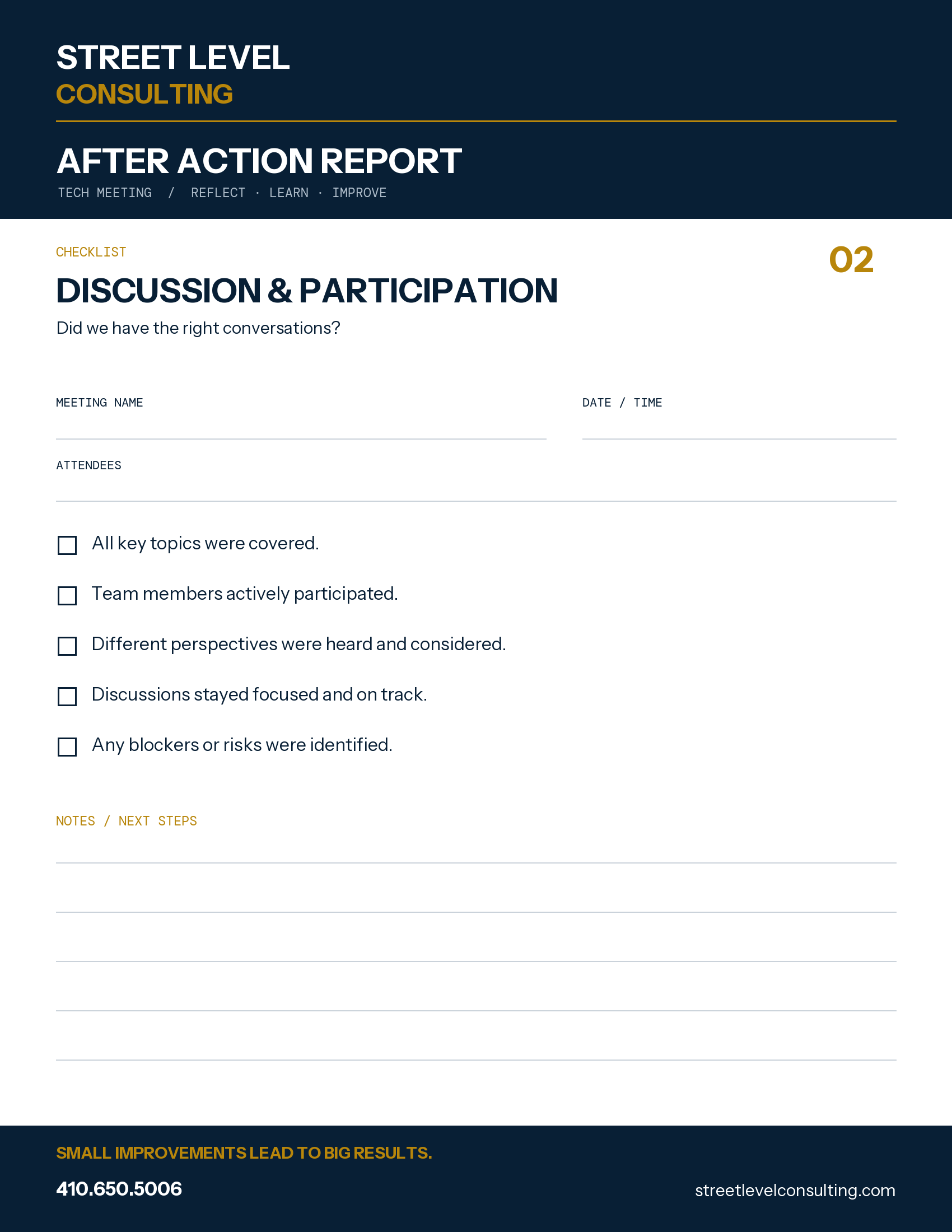 Street Level Consulting After Action Report Checklist 02: Discussion & Participation. Review topic coverage, participation, different perspectives, focus and blockers. Navy and gold branding, meeting name, date, time and attendees fields, and writing space. Phone 410.650.5006 and streetlevelconsulting.com.