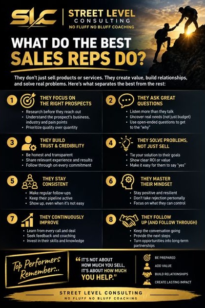 Street Level Consulting gold and navy infographic titled What Do the Best Sales Reps Do? Eight habits: focus on the right prospects, ask great questions, build trust and credibility, solve problems rather than just sell, stay consistent, master your mindset, continuously improve, and follow up and follow through. Closing reminder: it is not about how much you sell, it is about how much you help.