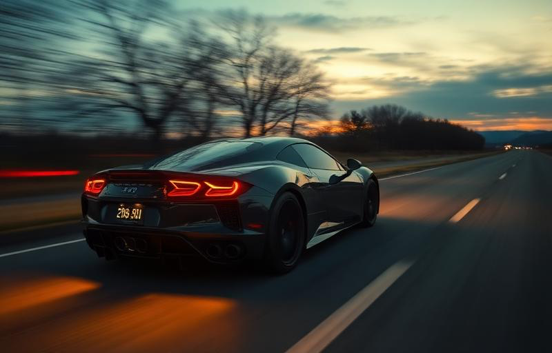 Fast sports car speeding down an open road at dusk