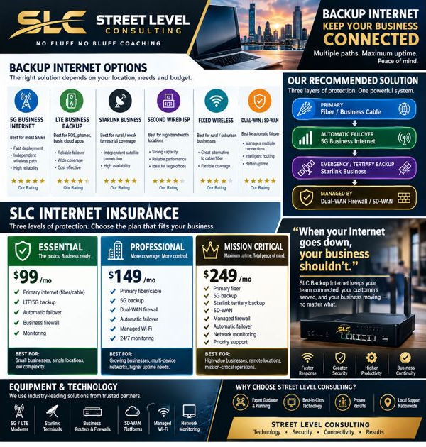Street Level Consulting Backup Internet guide: Keep Your Business Connected. Compares 5G business internet, LTE business backup, Starlink Business, a second wired ISP, fixed wireless and dual-WAN or SD-WAN. Recommended setup combines primary fiber or cable, automatic 5G failover and Starlink emergency backup. The supplied sheet shows Essential at $99 per month, Professional at $149 per month and Mission Critical at $249 per month, with equipment and technology options below.