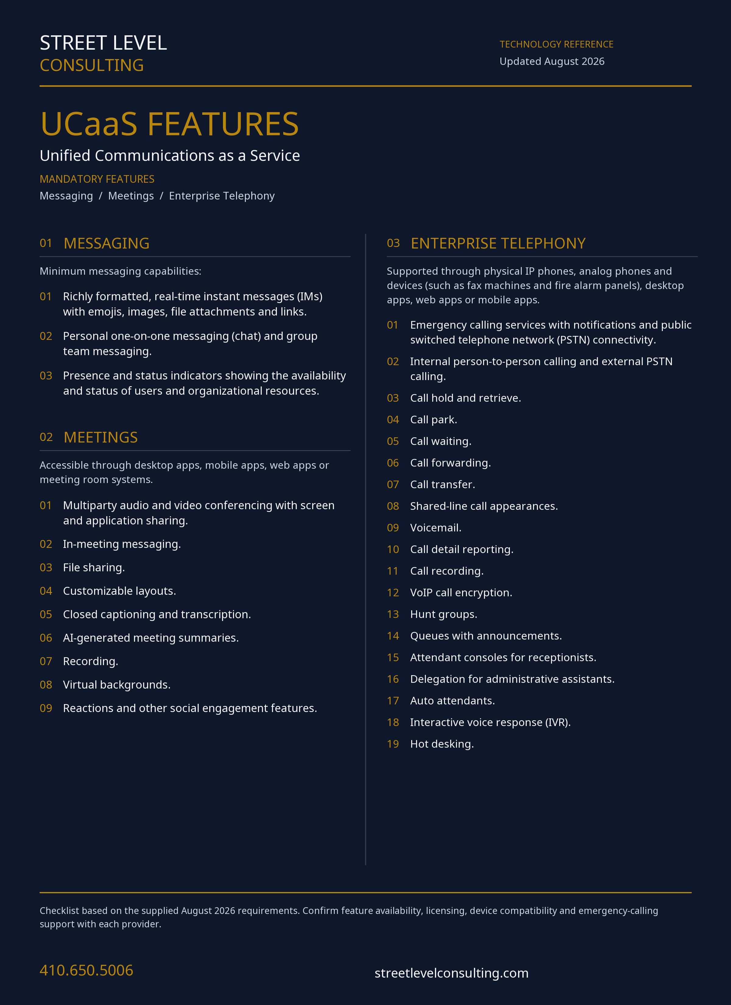 Street Level Consulting navy-and-gold UCaaS Features sheet, updated August 2026. Lists three messaging requirements, nine meeting requirements and nineteen enterprise telephony requirements, plus supported apps and devices. Includes phone 410.650.5006 and streetlevelconsulting.com.
