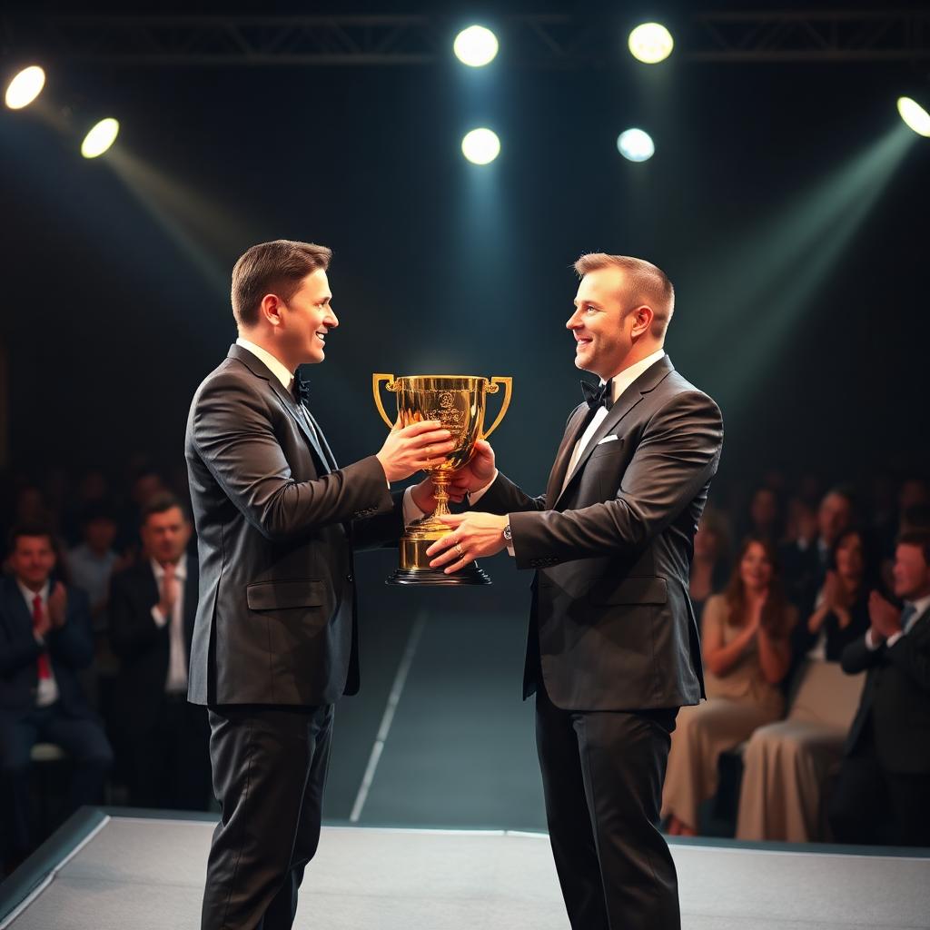 Sales professional receiving a golden trophy at an award ceremony