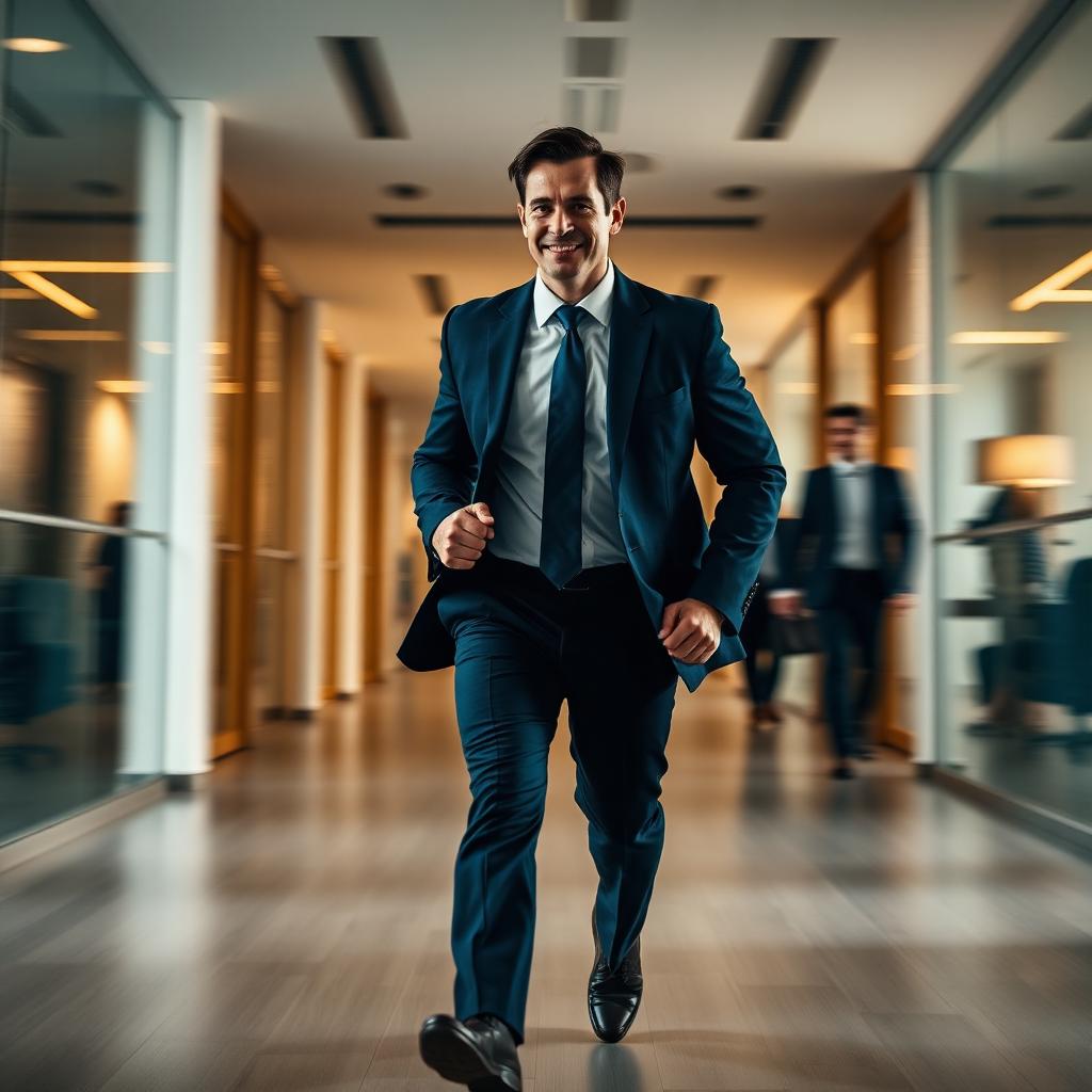 Sales professional moving with purpose through a modern office