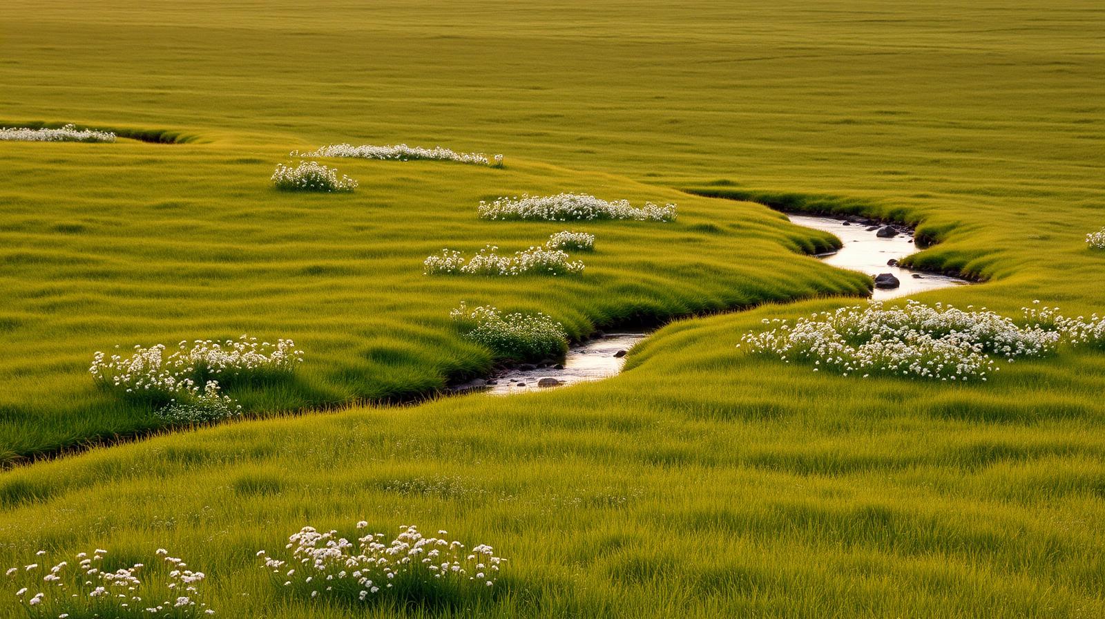 Open field with a winding stream at golden hour
