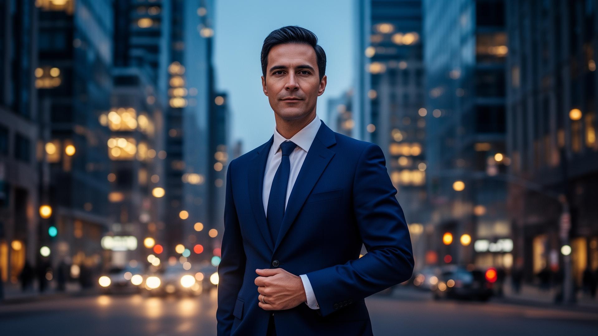Sales leader on a city street at dusk