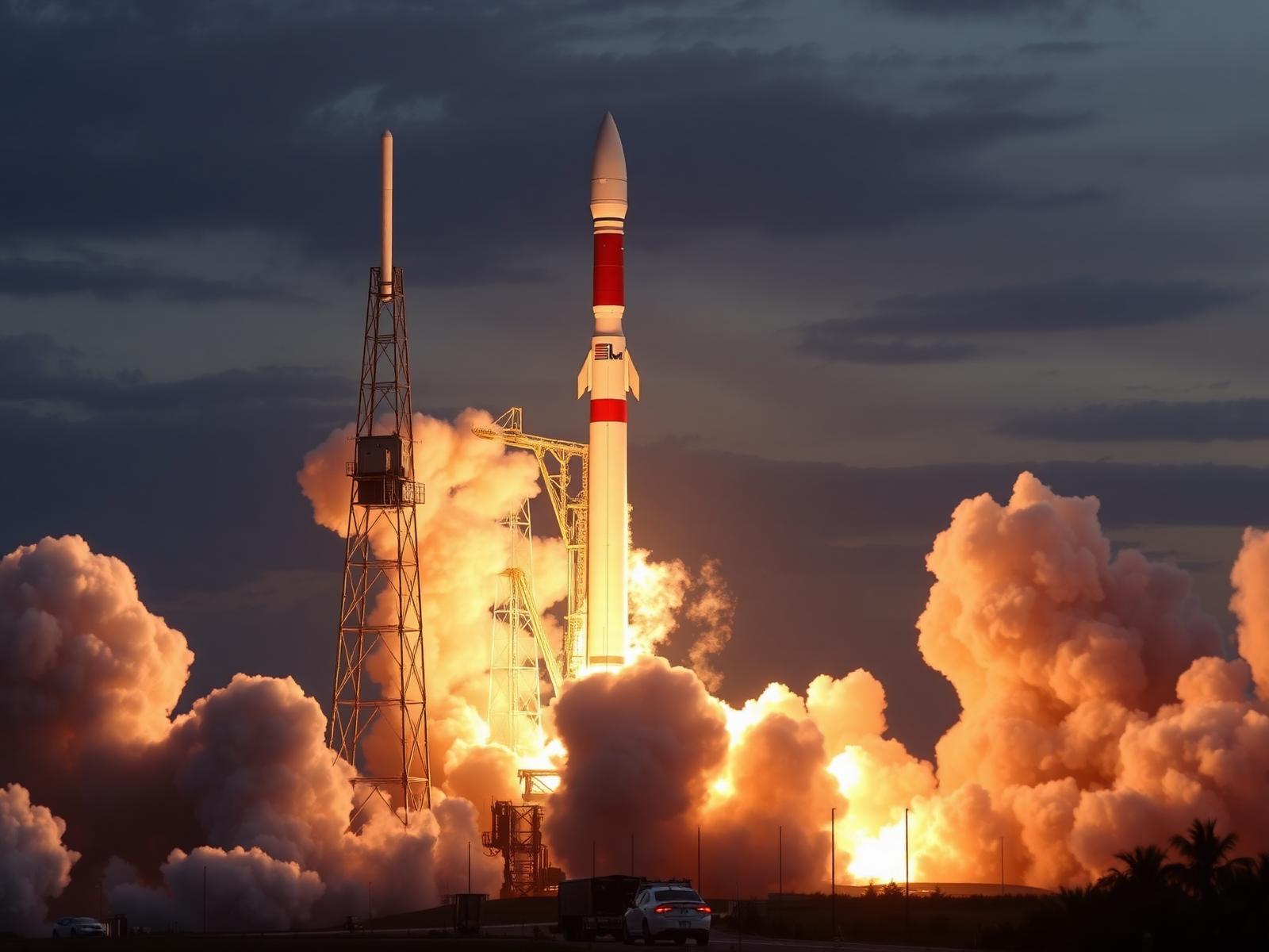 Rocket lifting off the launch pad with billowing smoke