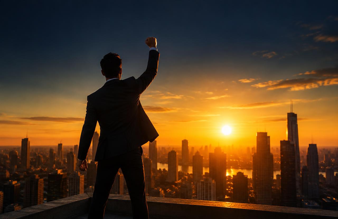 Businessman raising a fist in triumph on a rooftop over a city skyline at sunset