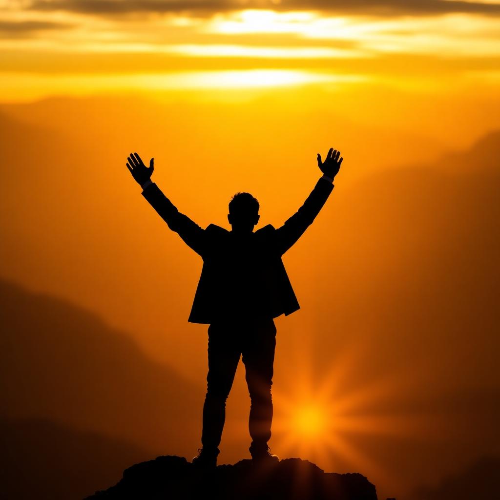 Silhouette of a person atop a mountain at sunrise with arms raised in victory