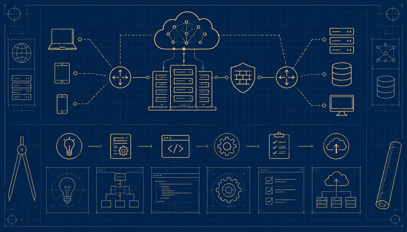 Gold blueprint-style technical diagram of a custom network and business solution design
