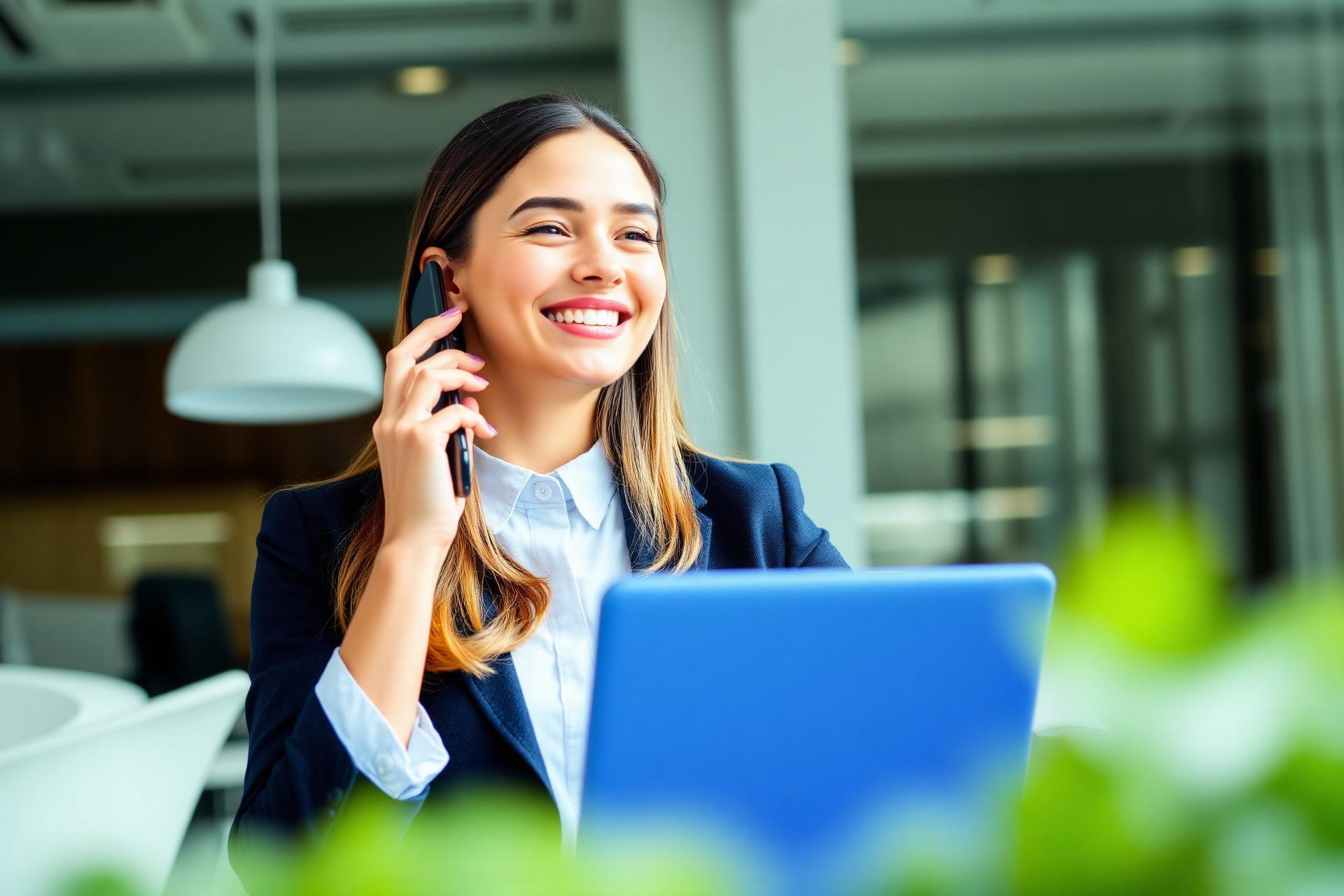 Young professional woman smiling while talking on the phone